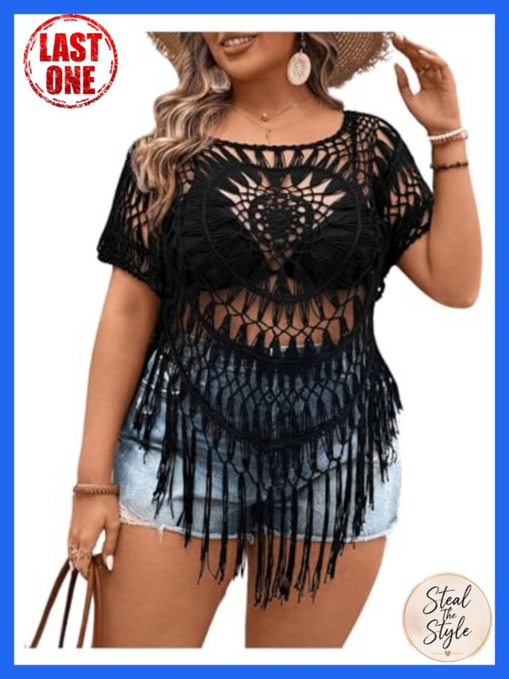 Hollow Out Fringe Hem Knitted T-Shirt Tops Short Sleeve Women's Plus Size Sheer